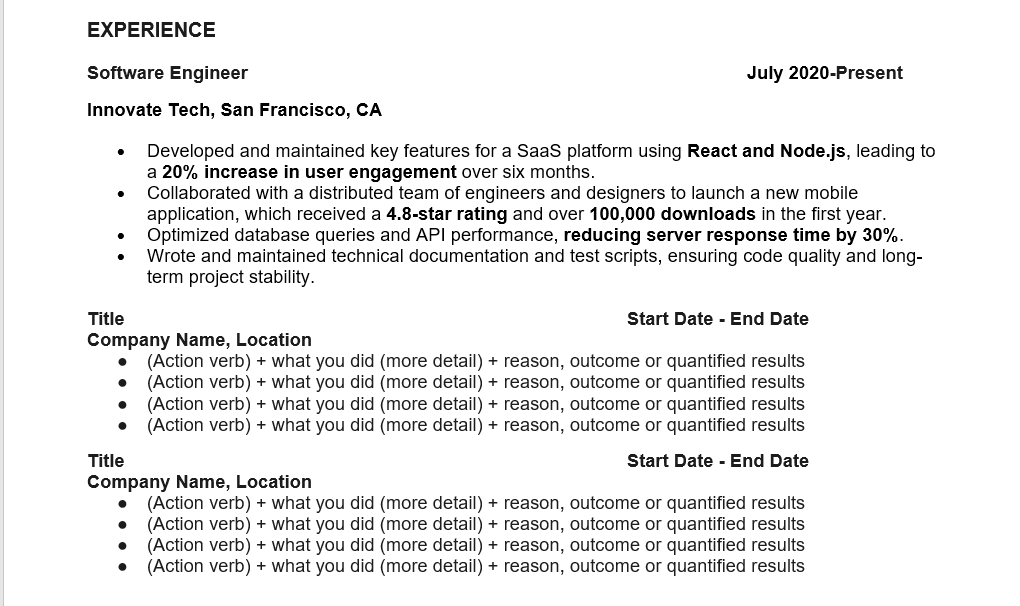 Professional experience in chronological resume